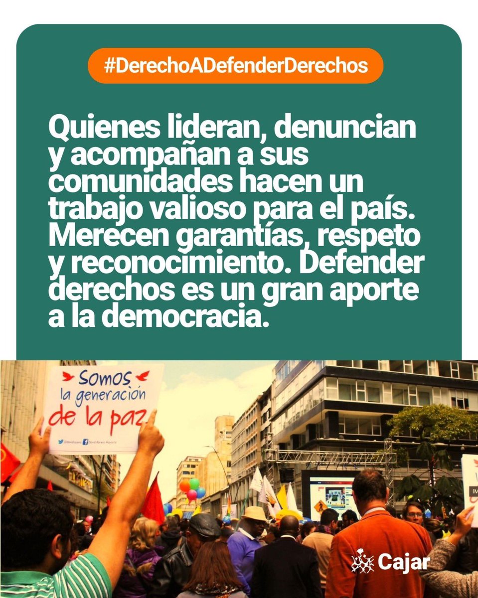 Ccajar's tweet photo. Detrás de cada derecho hay personas que lo hicieron posible: lideresas, líderes, mujeres, jóvenes y comunidades enteras. Hoy nos corresponde cuidar lo alcanzado y seguir avanzando.  

#DerechoADefenderDerechos #SeValeProtestar https://t.co/60WcfMDihg