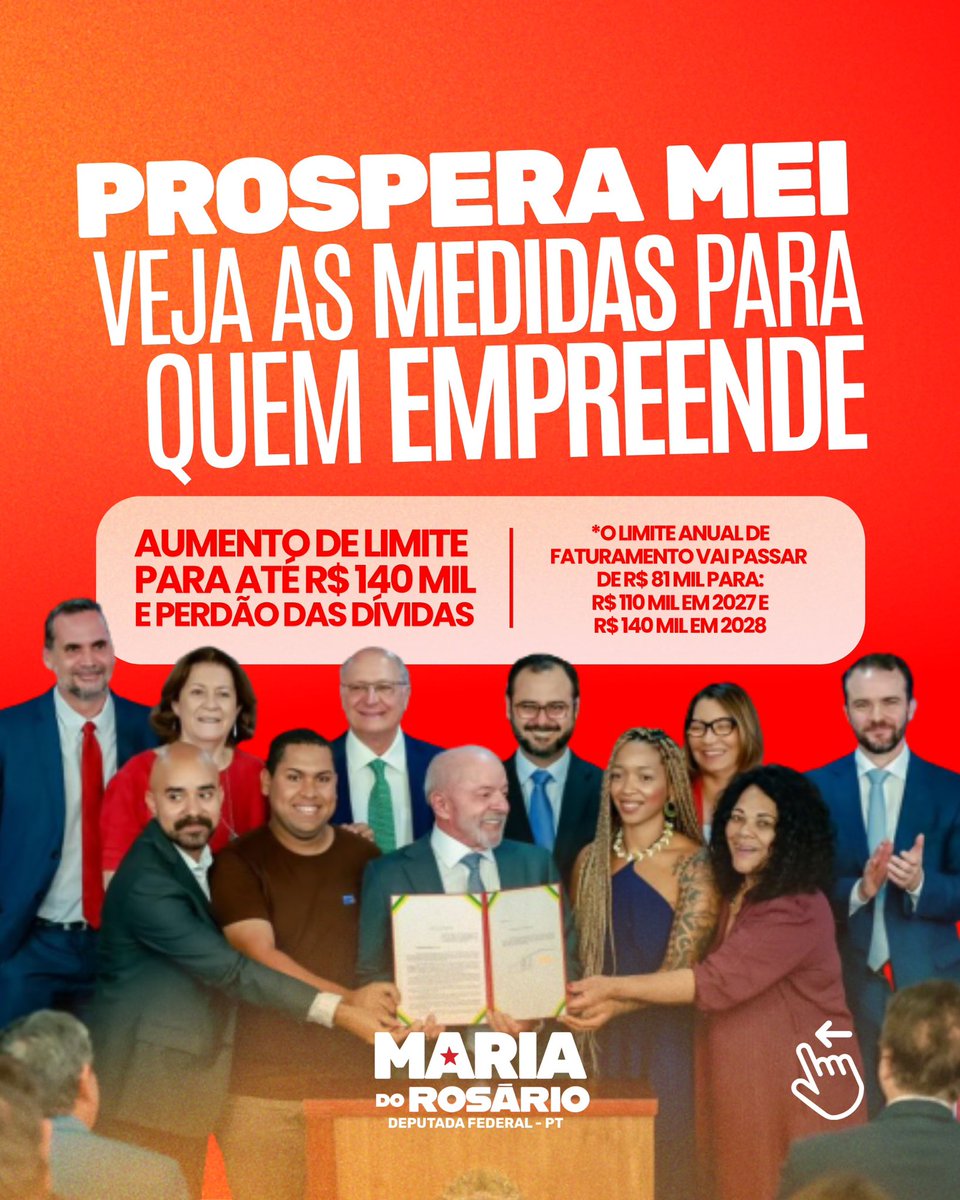 mariadorosario's tweet photo. QUEM EMPREENDE MERECE OPORTUNIDADE PARA CRESCER! 💪❤️

O governo Lula lançou o Prospera MEI, um pacote para fortalecer quem trabalha por conta própria, movimenta a economia e luta todos os dias para fazer o próprio negócio dar certo.

São medidas para ampliar o acesso ao crédito, facilitar a renegociação de dívidas, aumentar o limite de faturamento e reduzir a burocracia para quem empreende.

Apoiar os MEIs é valorizar o trabalho, gerar oportunidades e fortalecer a economia brasileira. Quem empreende precisa de apoio para crescer, prosperar e construir um futuro melhor!

E vamos eleger o preso Lula 13 🌟

📲 Confira as medidas e compartilhe com quem é MEI e precisa conhecer essas oportunidades.