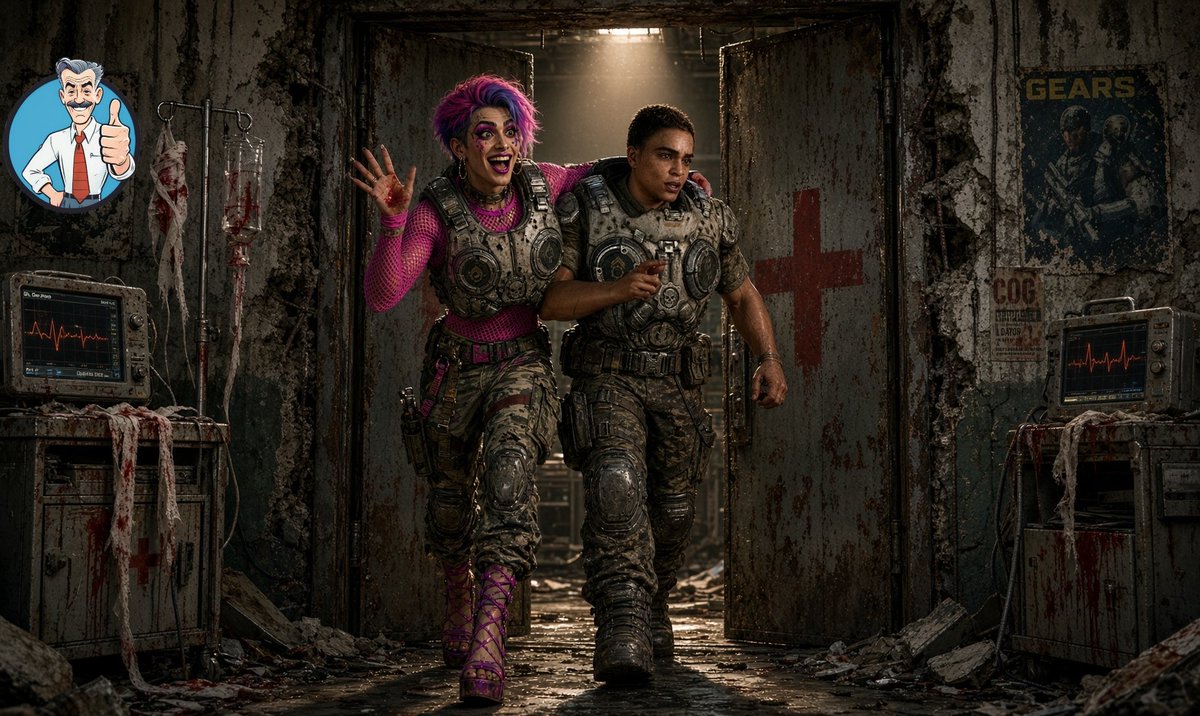 TheBugleDaily1's tweet photo. In the Gears of War E-Day upcoming DLC, you play as Mags Carter, in a mission to lead a gear to the hospital to get gender reassignment surgery. https://t.co/8krfiIRuiZ