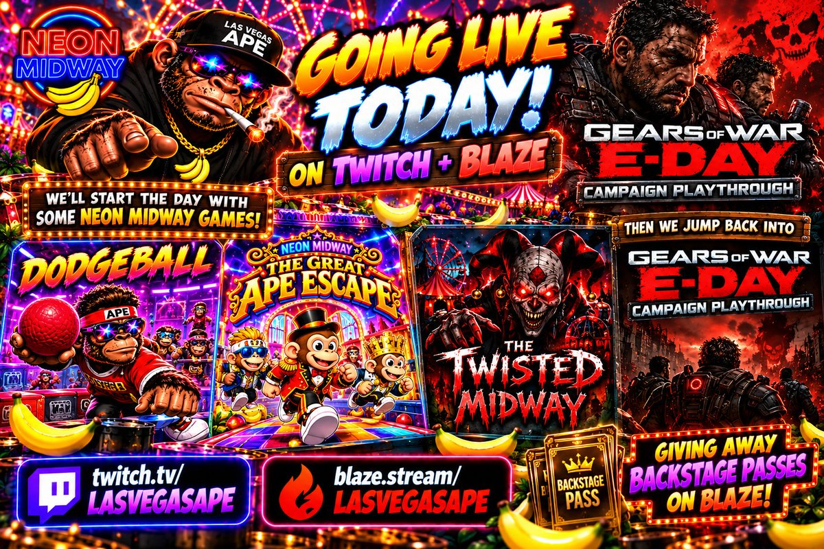 LasVegasApe702's tweet photo. 🎮🔥 𝗧𝗢𝗗𝗔𝗬 𝗜𝗦 𝗚𝗔𝗠𝗜𝗡𝗚 𝗗𝗔𝗬! 🔥🎮

We’re going LIVE TODAY on Twitch + BLAZE!

No building. No testing. Today we’re kicking back and PLAYING SOME GAMES. 😂

🎪 We’ll start the day with some 𝗡𝗘𝗢𝗡 𝗠𝗜𝗗𝗪𝗔𝗬 action!

🎯 Dodgeball
🦍 The Great Ape Escape
☠️ The Twisted Midway
🍌 And whatever other Midway chaos we decide to fire up!
Then we’re jumping back into...
💀🔥 𝗚𝗘𝗔𝗥𝗦 𝗢𝗙 𝗪𝗔𝗥: 𝗘-𝗗𝗔𝗬!
We’re continuing our campaign playthrough, and this game has been FIRE so far. Time to see how much further we can make it today!

🔥 𝗕𝗟𝗔𝗭𝗘 𝗖𝗥𝗘𝗪!

We’ll also be giving away 𝗕𝗔𝗖𝗞𝗦𝗧𝗔𝗚𝗘 𝗣𝗔𝗦𝗦𝗘𝗦 throughout the stream, so come hang out and grab some!

🟣 Twitch:
https://t.co/sHYZM3H9IH

🔥 BLAZE:
https://t.co/HKcgQVJBmH

𝗡𝗘𝗢𝗡 𝗠𝗜𝗗𝗪𝗔𝗬 ➜ 𝗚𝗥𝗘𝗔𝗧 𝗔𝗣𝗘 𝗘𝗦𝗖𝗔𝗣𝗘 ➜ 𝗧𝗪𝗜𝗦𝗧𝗘𝗗 𝗠𝗜𝗗𝗪𝗔𝗬 ➜ 𝗚𝗘𝗔𝗥𝗦 𝗢𝗙 𝗪𝗔𝗥 ➜ 𝗚𝗔𝗠𝗜𝗡𝗚 𝗗𝗔𝗬! 🎪🎮🔥