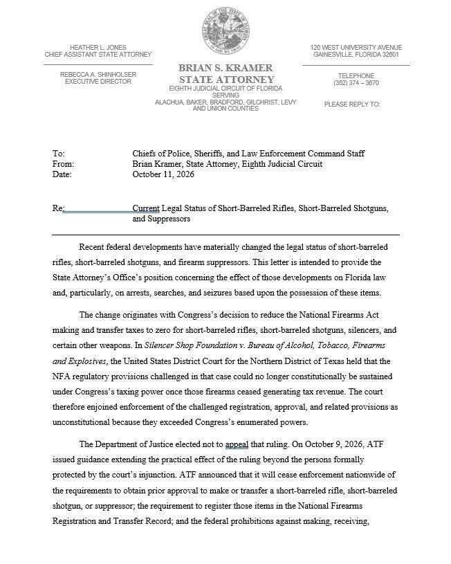 gunrights's tweet photo. 🚨 WE HAVE CONFIRMATION

Florida State Attorney Brian Kramer is following the ATF’s lead. His office has stated that an unregistered SBR, SBS, or suppressor is no longer grounds for an arrest, search, or seizure. https://t.co/ZAsgxf6VZq
