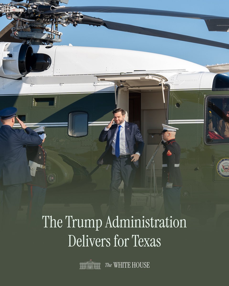 VP's tweet photo. ✅ 547,000 Texas jobs protected thanks to President Trump’s Working Families Tax Cuts

✅ No Tax on Social Security for Texas’ 4 million seniors

✅ Saronic Technologies announced a $3.2 billion shipyard in Texas to build autonomous vessels for the Navy

And we’re only just getting started.