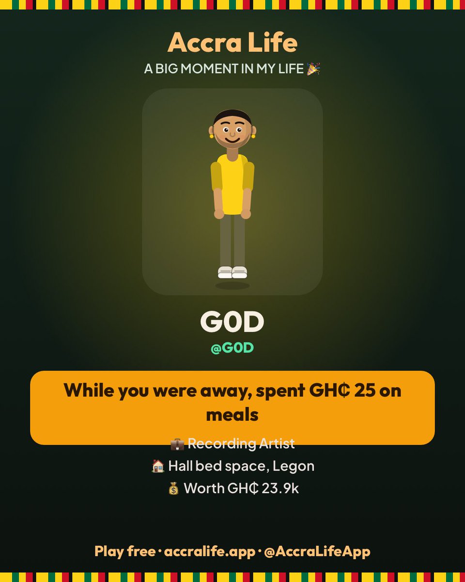 PrinceC29578789's tweet photo. While you were away, spent GH₵ 25 on meals. 🎉 @AccraLifeApp #AccraLife
Play free with me: https://t.co/KhuGYtt3bx https://t.co/g36dRVPDf2