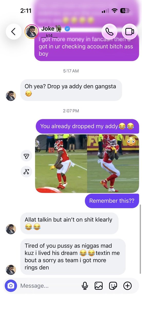 BuckyBackshots's tweet photo. Kadarius Toney #LEAKED beefing with Fans is the best thing you’ll see today 😂 #NFL #Chiefs #Kadarius #Toney https://t.co/CKE1RqsVFr