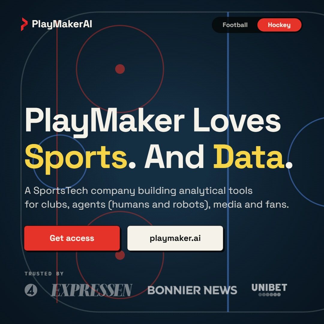 PlaymakerAI's tweet photo. Ny look. Fotboll och hockey under samma tak, planen och rinken på samma sajt.
PlayMaker loves sports. And data.
https://t.co/5lUbMejkcm
#allsvenskan #shl #fotbollsdata #hockeydata https://t.co/Q1stDd3cuJ