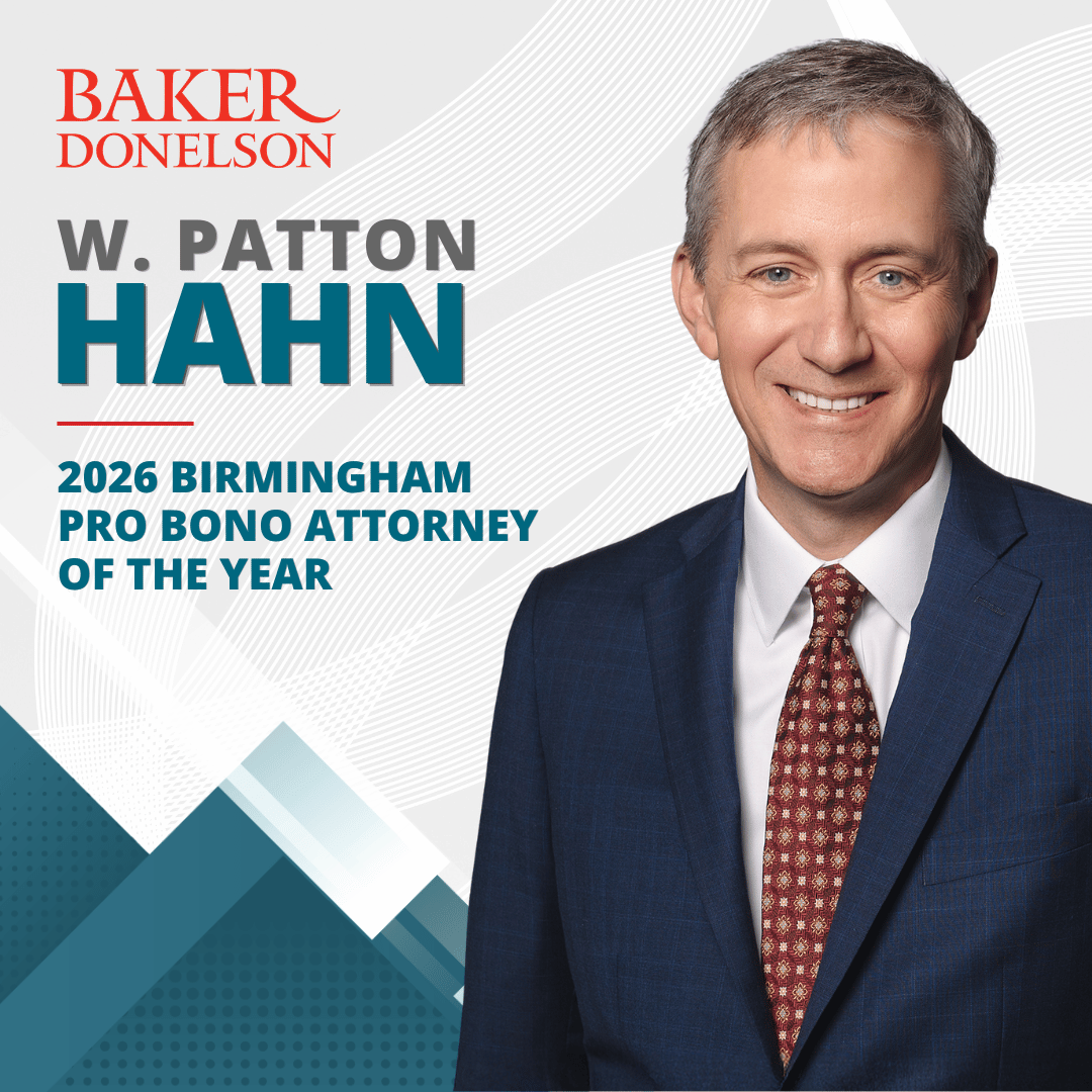 Baker_Donelson's tweet photo. This month, we're celebrating our annual Pro Bono Attorneys of the Year Awards, honoring attorneys throughout the Firm for their Pro Bono work. Today, we recognize W. Patton Hahn, our Birmingham Pro Bono Attorney of the Year. #probonomonth https://t.co/tQKSbsPG6n