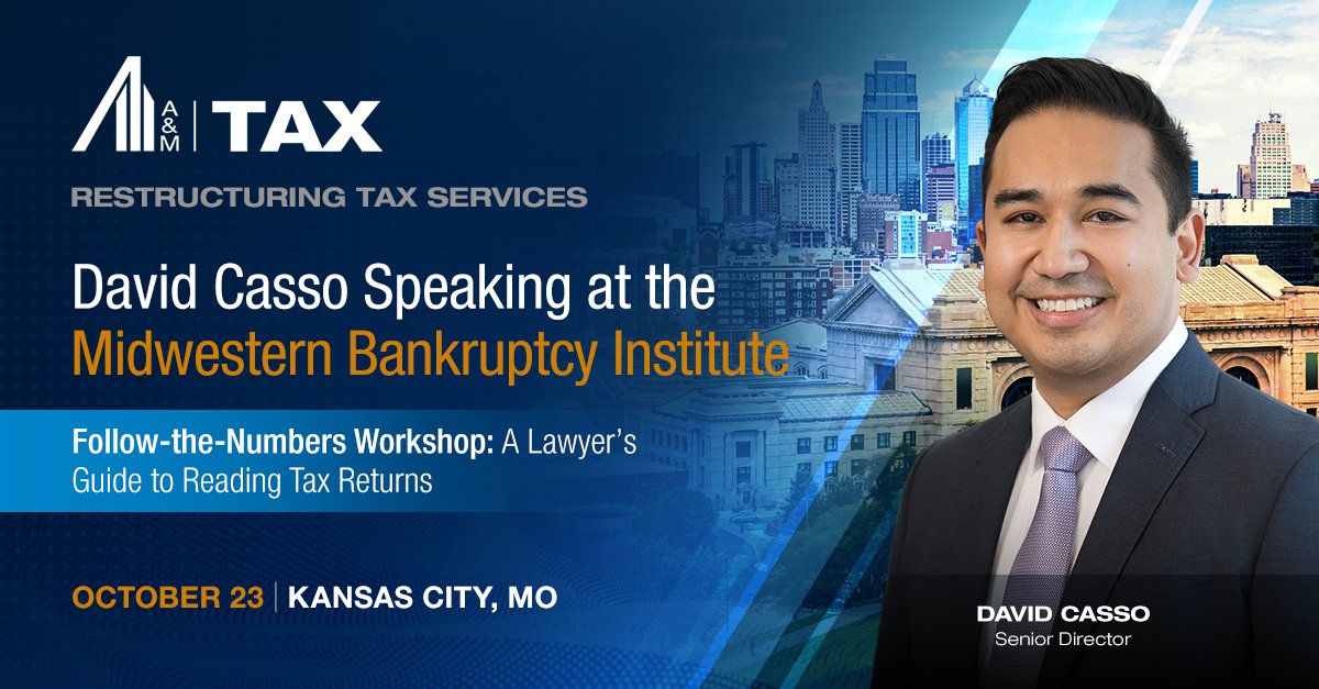 alvarezmarsal's tweet photo. On October 23, A&M Tax Senior Director David Casso will speak at the Midwestern Bankruptcy Institute in Kansas City, MO, on how to spot red flags and missing assets in business tax returns.
Learn more: https://t.co/zxQiJSKgnu
#AMon #bankruptcy https://t.co/LNDaBvi6Sg