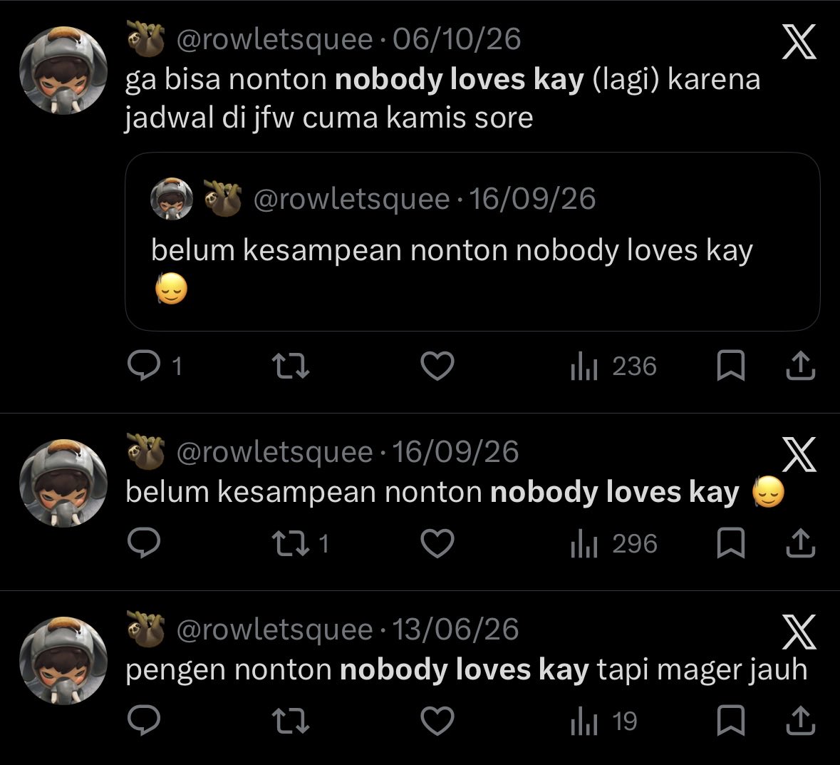 rowletsquee's tweet photo. siap membeli 1 tiket nonton nobody loves kay ☝🏼 https://t.co/yrNhj3W9I9