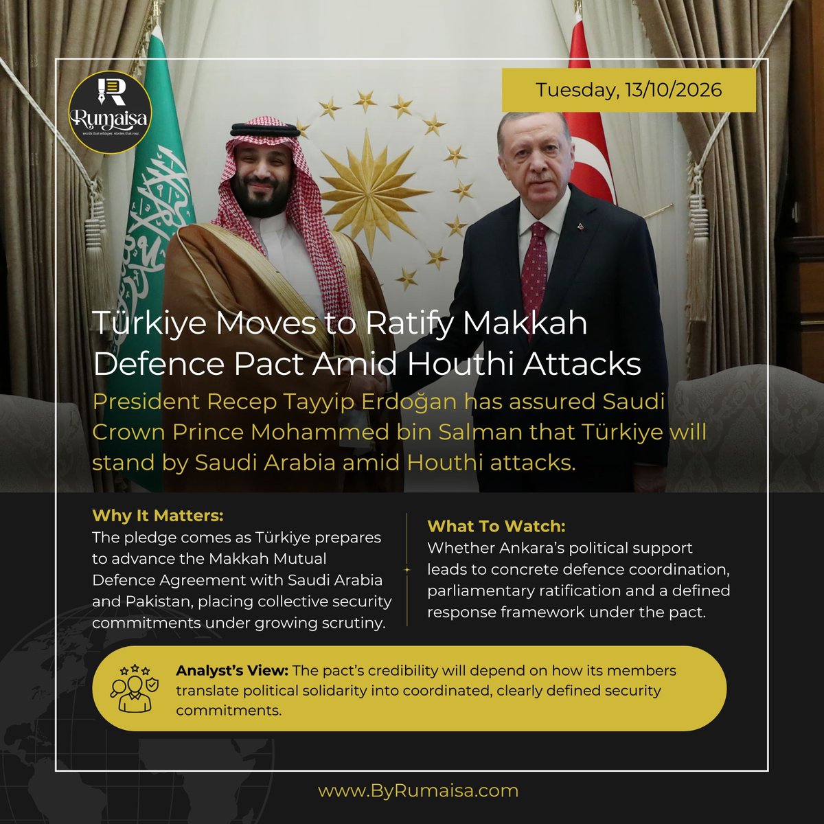 1Rumaisaa's tweet photo. Türkiye’s pledge to stand by Saudi Arabia amid Houthi attacks adds a new dimension to the Makkah Mutual Defence Agreement involving Türkiye, Pakistan and Saudi Arabia.
#SaudiArabia #Turkiye #Pakistan #MakkahDefenceAgreement #Erdogan #Geopolitics #Yemen #Houthis #RegionalSecurity https://t.co/I7q0IGHFTf