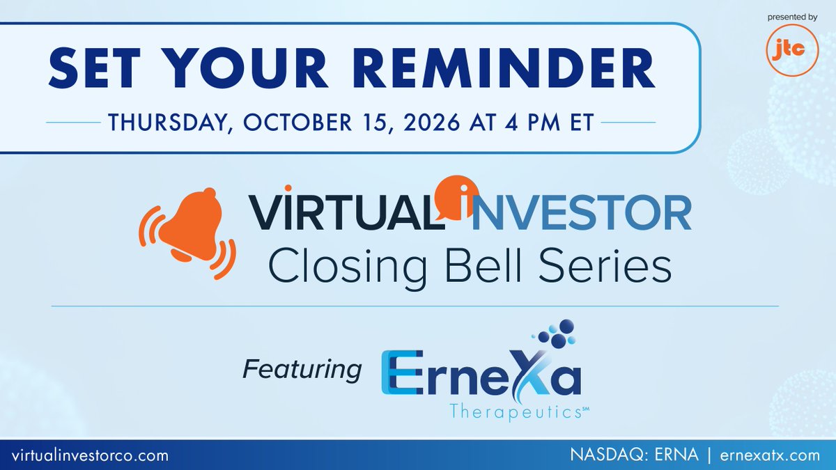 ErnexaTx's tweet photo. Set Your Reminder

Join Ernexa Therapeutics on Thursday, October 15 at 4 PM ET for a #VirtualInvestor Closing Bell segment featuring the latest company updates.

Register here: https://t.co/s5numnIgF7 

$ERNA #CellTherapy #Oncology #Hope #DeliveringHope @investorvirtual https://t.co/WNTykxgqx8