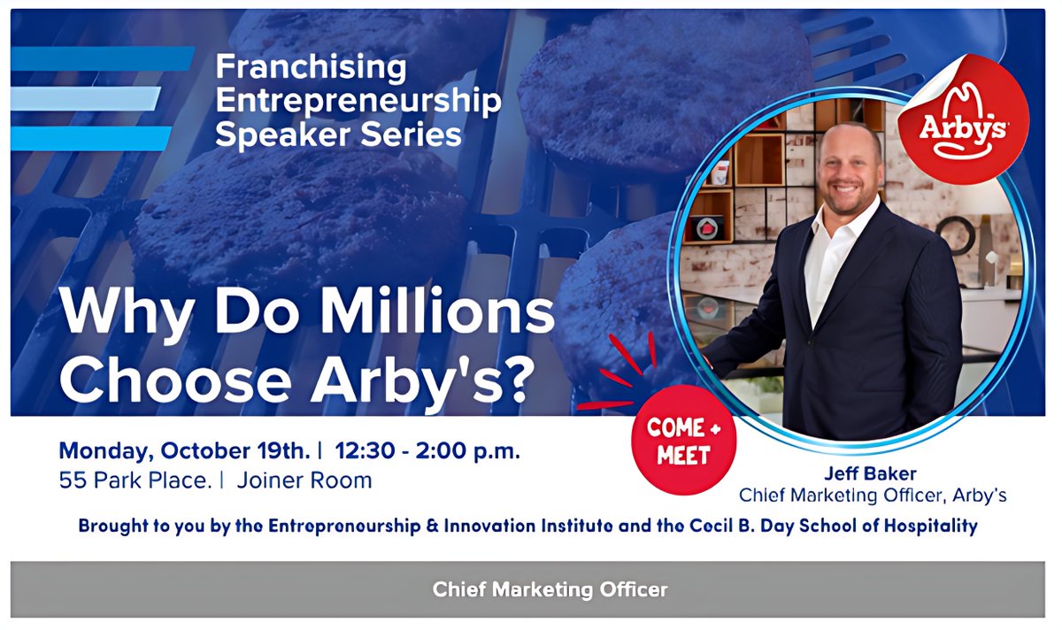 gsuhospitality's tweet photo. Join us for a conversation with Jeff Baker, Chief Marketing Officer of Arby's, on brand strategy, customer loyalty, franchising, and scaling a business. 

📍Save the date and come ready to learn! 

#GSU #Hospitality #TheStateWay #Entrepreneurship #Franchising #Business #Arbys https://t.co/S7ubAvVSTD