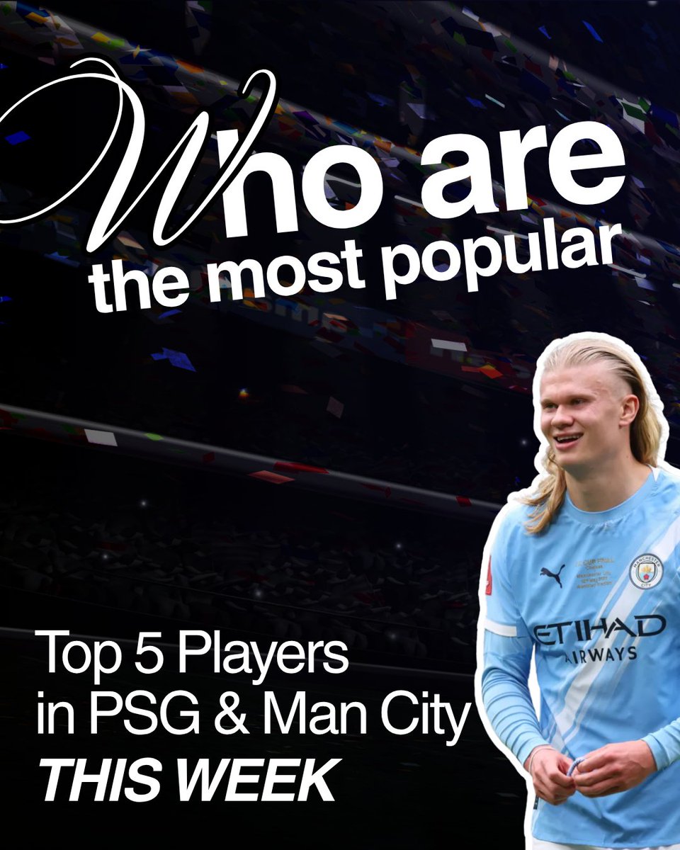 goaldenview's tweet photo. Check out this week's Top 5 Most Popular players between @psg and @mancity -

#1 Erling Haaland
#2 Khvicha Kvaratskhelia
#3 Achraf Hakimi
#4 Ferran Torres
#5 Ousmane Dembele

Who do you want to see on this list? Let us know! 

To see more popularity rankings, check out https://t.co/OiqqWqv23S - updating every Tuesday!

#epl #mancity #psg #ligue1 #soccer #football #haaland