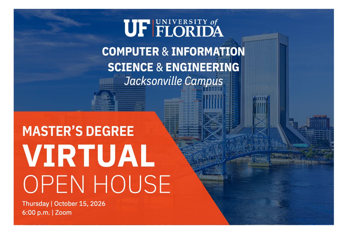 UFCISE's tweet photo. You could be one of the first students to earn a master’s degree in computer science at UFJax. 

On Thursday, Oct. 15 at 6:00pm, join Daisy Zhe Wang, Ph.D., for a virtual open house, via Zoom. 

Register now: https://t.co/BuYZajtnuW
More about the program: https://t.co/xc4HJf9BiQ https://t.co/9FOamQurTz