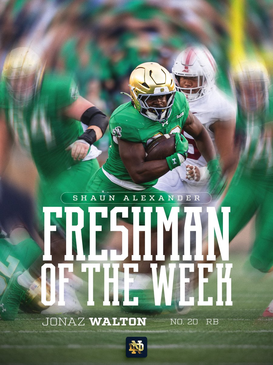 NDFootball's tweet photo. Jonaz Walton is the Shaun Alexander Freshman of the Week!

#GoIrish☘️ | @JonazWalton https://t.co/0whaL6YZq4