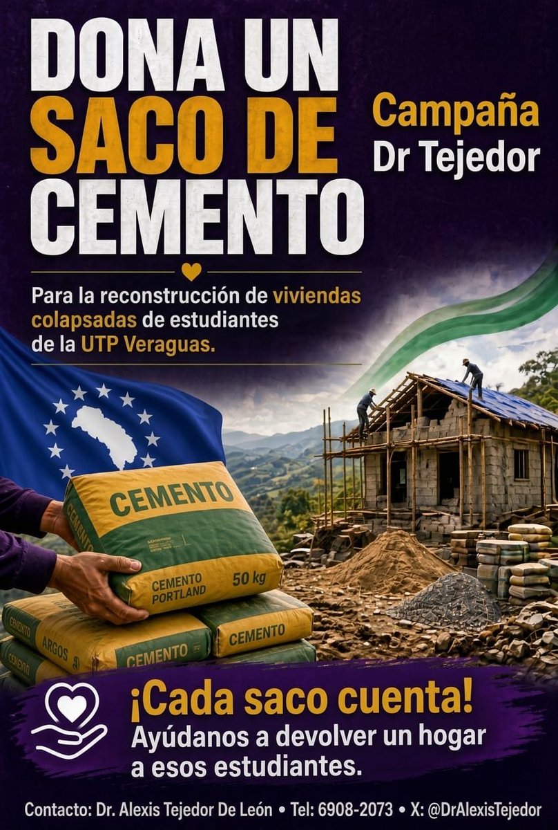 DrAlexisTejedor's tweet photo. No me pagan por marketing,  pero hoy martes 13 de octubre, sale la primera entrega de 50 bolsas de cemento para estudiante de Mecánica que reside en Cerro Gordo de Río de Jesús. Operación DONA UNA BOLSA DE CEMENTO dando respuesta. Apenas soy el puente. Gracias por donar. https://t.co/EwbIdp5rCA