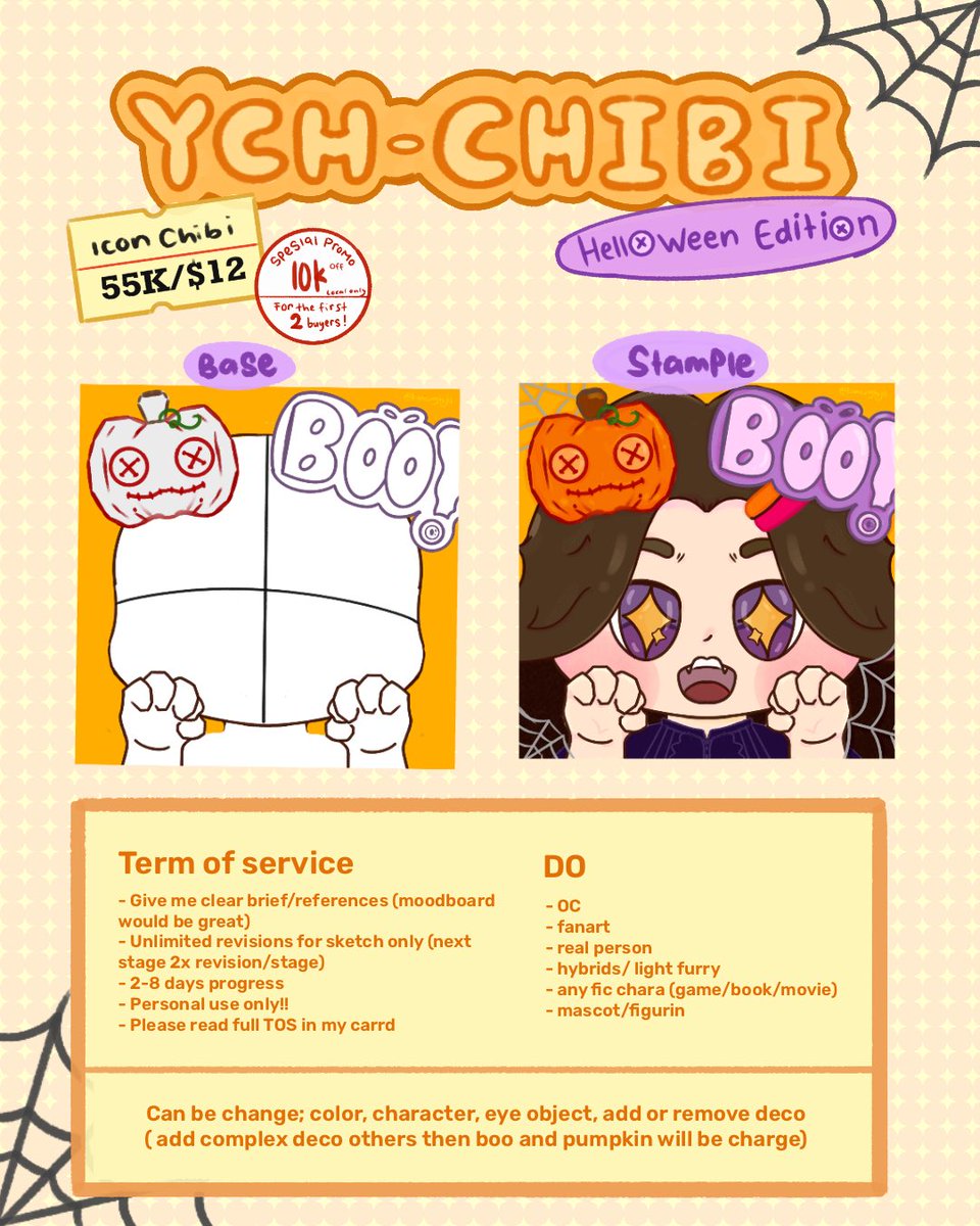 kancinghijo's tweet photo. #commissionopen; Chibi-YCH halloween edition 🎃 ! 

{♡ + ↻ are very appreciated! 🐙}

Theres will be bew upcoming design
📋 check carrd for more information
📩 dm if u have questions

#artidn #zonauang #zonakaryaid #ych https://t.co/YNFSDcRzXa