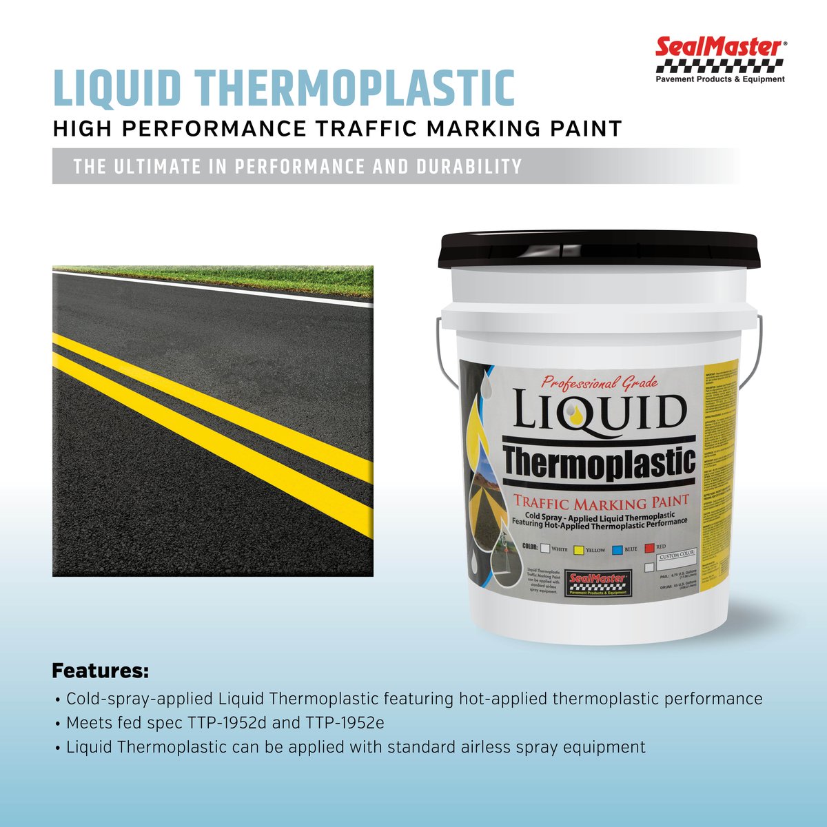 SealMasterNet's tweet photo. High-performance traffic markings made simple!

SealMaster Liquid Thermoplastic delivers the durability of hot-applied thermoplastics with the convenience of a cold spray-applied formula. Apply with standard airless spray equipment for durable markings on asphalt and concrete.

👉 Learn more at https://t.co/tEZYOJ7eIa