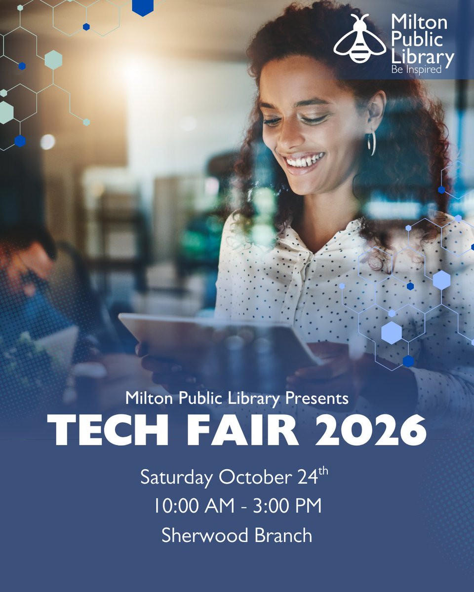 Milton_Library's tweet photo. 💡🤖 Calling all tech enthusiasts! Explore the latest technologies, inventions and innovative ideas from local organizations and industries at MPL’s third annual TechFair at Sherwood. Discover something new, connect with fellow tech enthusiasts and get inspired by what’s next! 🚀 https://t.co/aCst6pOnbP