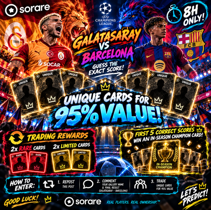 PawelTrader_'s tweet photo. 🔥⚽ SORARE TRADE & PREDICT CONTEST! ⚽🔥

🏆 GALATASARAY 🆚 BARCELONA

⚫ ALL UNIQUE CARDS FOR 95% VALUE!
⏰ 8 HOURS ONLY!
🎁 TRADING REWARDS
🔴 2x Rare Cards
🟡 2x Limited Cards

🏆 SCORE PREDICTION GIVEAWAY
🎯 First 5 correct score predictions win 1x In-Season Champion Card EACH!
🚀 HOW TO ENTER
❤️ Like
🔁 Repost this post
💬 Comment your @Sorare  gallery name + exact final score (e.g. 2-1)
🔥 TRADE. PREDICT. WIN!

🍀 Good luck everyone! Who's winning tonight? 👀
#Sorare #SorareGiveaway #Galatasaray #Barcelona