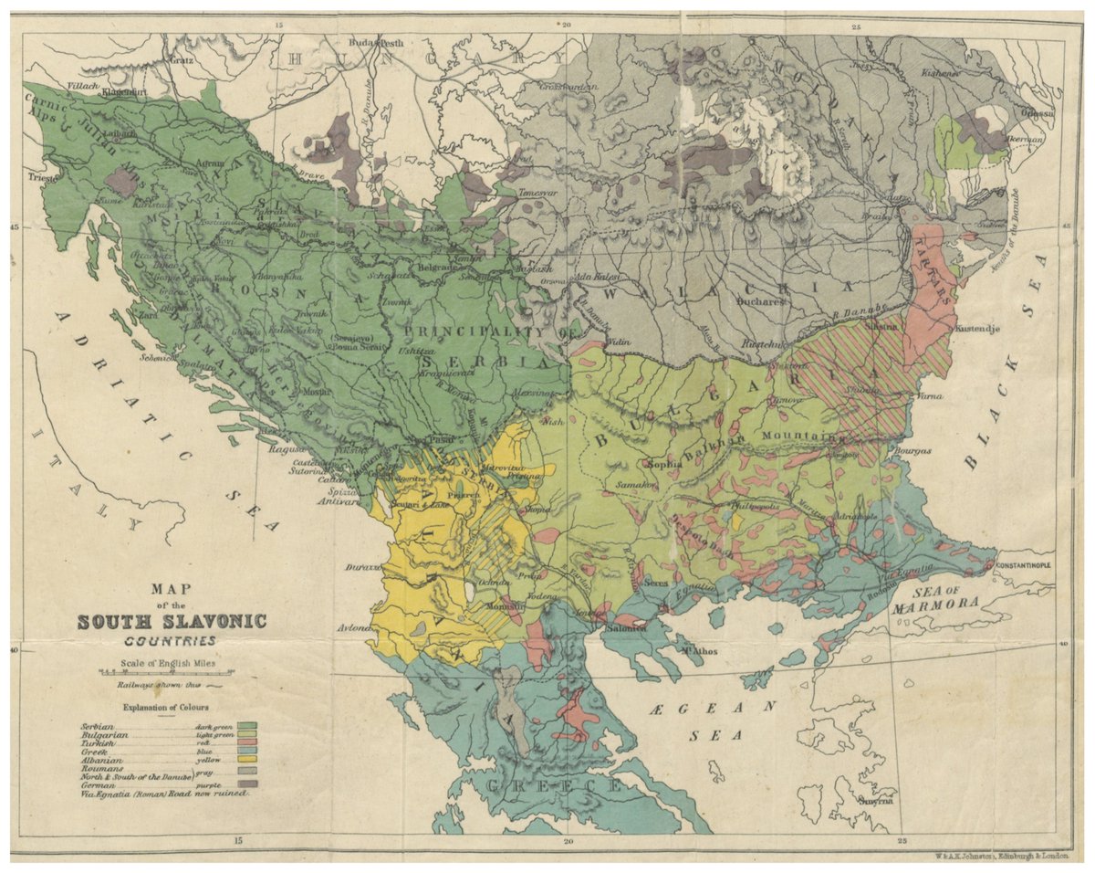 EdmapsCom's tweet photo. History, maps and ethnicities: "Map of the South Slavonic Countries" (1877), an ethnographic map of the Balkans produced during  the Russo-Romanian-Turkish War by Georgina Mary Muir Mackenzie and Adelina Paulina Irby for "Travels in the Slavonic Provinces of Turkey‑in‑Europe". 

Emerging amid the Eastern Crisis and intensifying debates over Ottoman governance, the map reflects a distinctly British liberal‑philhellenic and pro‑Slavonic interpretive framework and organizes the South Slavonic lands (Serbia, Montenegro, Bosnia, Herzegovina, Bulgaria, and adjacent regions) into a coherent ethnographic and territorial schema that foregrounds Slavic demographic presence and historical claims. 
Its cartographic choices, including the delineation of provincial borders and the emphasis on key urban centres, participate in contemporary efforts to render the Balkans legible to Western publics and policymakers. 
As such, the map is not merely descriptive: it is an intervention shaped by humanitarian activism, political advocacy, and evolving nineteenth‑century ethnographic conventions. It offers insight into how external observers conceptualized the region’s populations, imperial structures, and emerging national movements.
#history #historical #ethnographic #maps #war #ethnicities #Balkan #Bulgaria #Serbia #Greece #Albania #Macedonia #Bosnia #Croatia #Montenegro #Turkey #Romania #Russia #Hungary #Austria