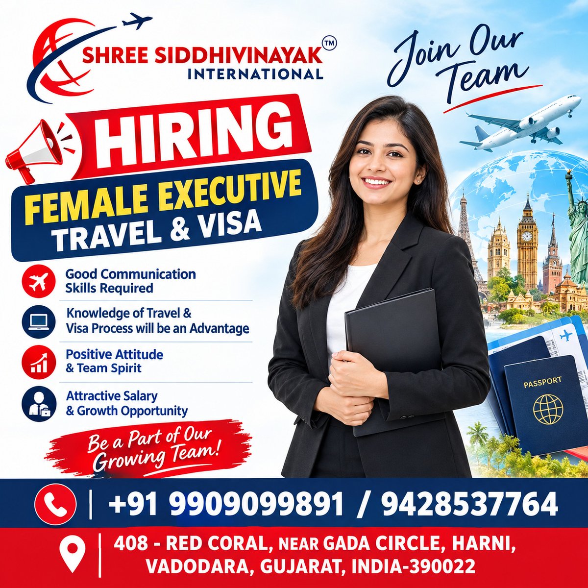 tepe_Mrc's tweet photo. We’re hiring a Female Executive – Travel &amp; Visa in Vadodara, Gujarat. Responsibilities: customer handling, communication, visa and travel assistance. Great career growth opportunities. Send your CV to apply. https://t.co/ZK6kSty7HN