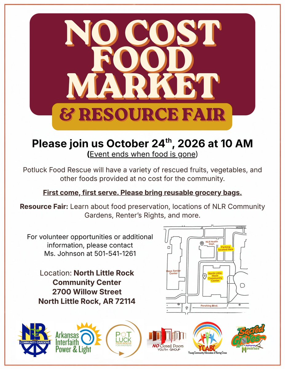 EngagingAR's tweet photo. On Saturday, Oct. 24, at 10:00 AM, the North Little Rock Community Center will host the No Cost Food Market &amp; Resource Fair. This event is first come, first served, so don't forget to bring your reusable grocery bags!

For more information, contact Ms. Johnson at 501-541-1261. https://t.co/HwRXxQtpZ4