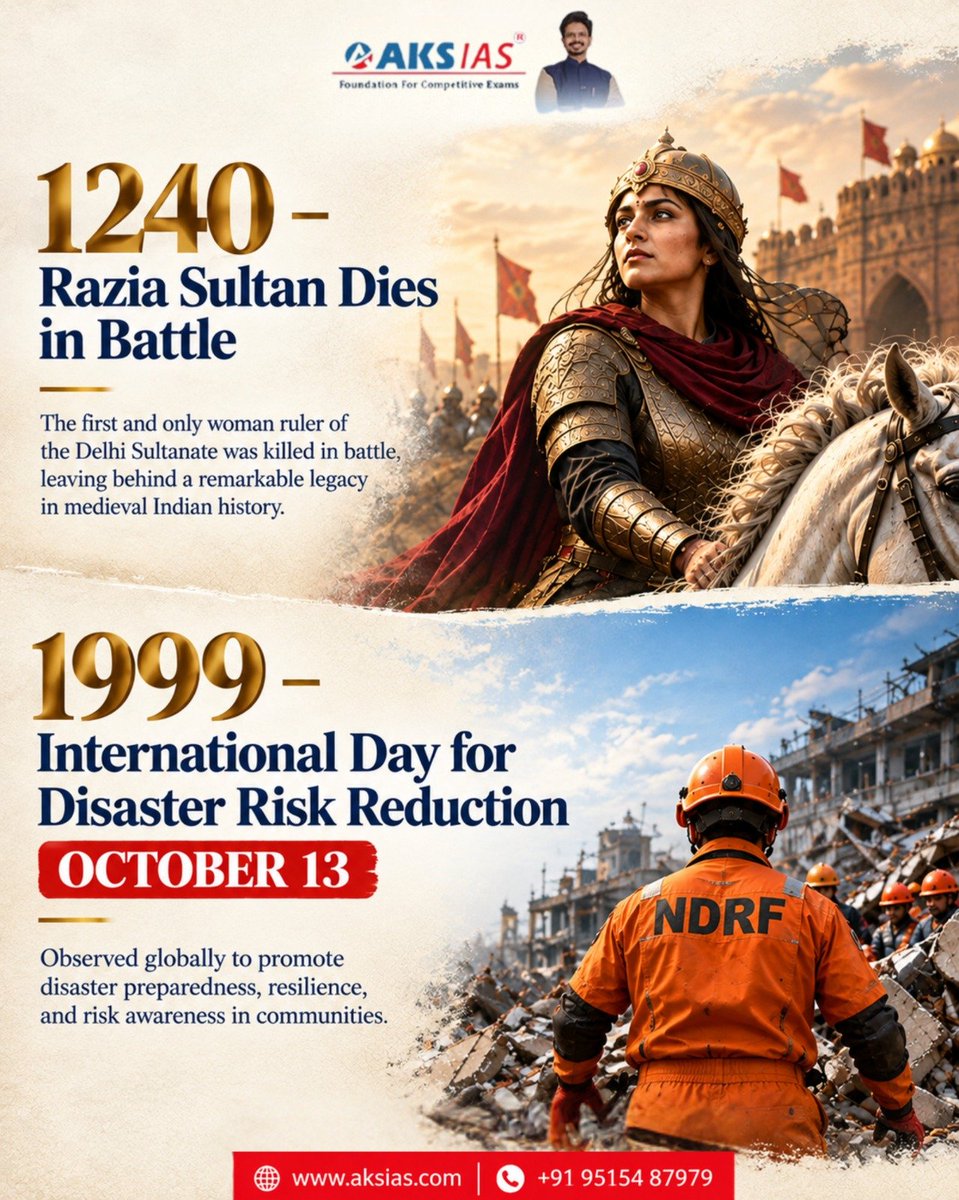 aks_ias's tweet photo. KNOWLEDGE NUGGETS | OCTOBER 13
Discovery. Leadership. Resilience.
From the Whirlpool Galaxy to Razia Sultan’s legacy and disaster preparedness, explore the milestones that shaped history.
#AKSIAS #UPSC #APPSCGroup1 #TodayInHistory #KnowledgeNuggets https://t.co/RmjF6y5rAE