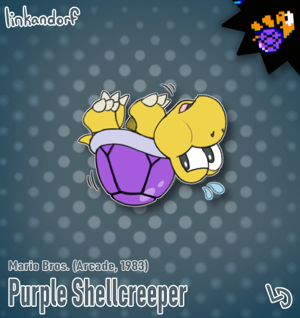 everymariochara's tweet photo. #28 - Purple Shellcreeper

Mario Bros. (Arcade, 1983)

When a green-shelled Shellcreeper powers up, it turns Purple! This is the case for turtles in the real world too. Naturally, this is not the Shellcreeper's final form..... https://t.co/0ikGH3wBGX
