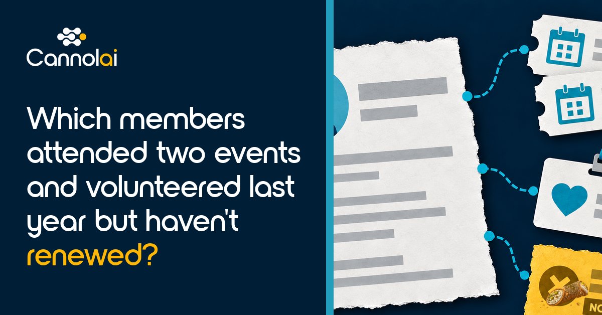Cannolai_AMS's tweet photo. Which members attended 2 events and volunteered last year but haven't renewed?

If answering takes 3 exports and a VLOOKUP, you don't have an AI problem. You have a plumbing problem.

https://t.co/g9AuOmBarp https://t.co/rjLQujLWQz