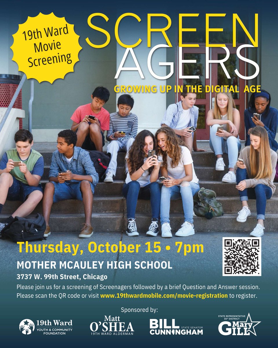 StRitaHS's tweet photo. The 19th Ward Youth Foundation invites you to join them for Screenagers: Growing Up in the Digital Age on Thursday, October 15.

Families will learn how to help kids develop healthy relationships with technology. 

Register here by October 15 at 3:00 PM: https://t.co/VrDUtJEJqS https://t.co/fyMi0LPS7N