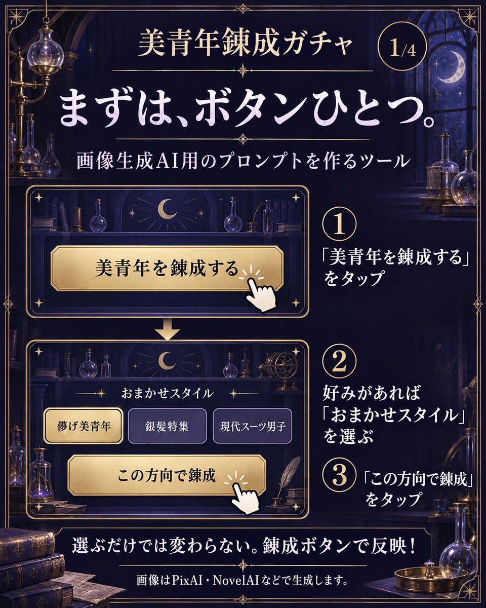 nyuriwo_ssan's tweet photo. 今まで作ったツールを総動員させて、美青年錬成ガチャを作ってみました･:*+.\(( °ω° ))/.:+
(opus5.5が珍しく１時間以上作業してた)
https://t.co/mO4gmWBhGm https://t.co/IcJhRwTauJ