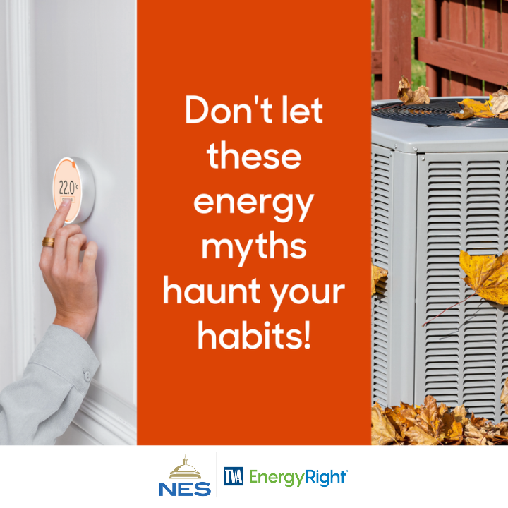 NESpower's tweet photo. Don’t let energy myths haunt your habits! Our partner @TVAEnergyRight is here to help separate fact from fiction.

Energy Myth 1: Turning the thermostat way up or down heats/cools the house faster.

Reality: It actually makes your system run longer. Instead, set it to the temperature you need to be comfortable.

Energy Myth 2: Closing vents in unused rooms saves energy.

Reality: Closing too many vents can disrupt airflow and make the system work harder.

Learn more at https://t.co/TtlcHdozOy