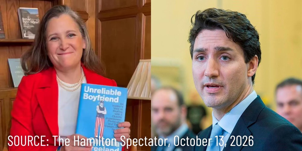 WeAreCanProud's tweet photo. #REPORT: Chrystia Freeland's new book claims that "crying was routine at cabinet meetings" under Justin Trudeau's leadership, and that the former prime minister would be driven into fits of rage when colleagues would use non-woke words like "crazy" instead of "bananas." https://t.co/8f7jZfQ7r9