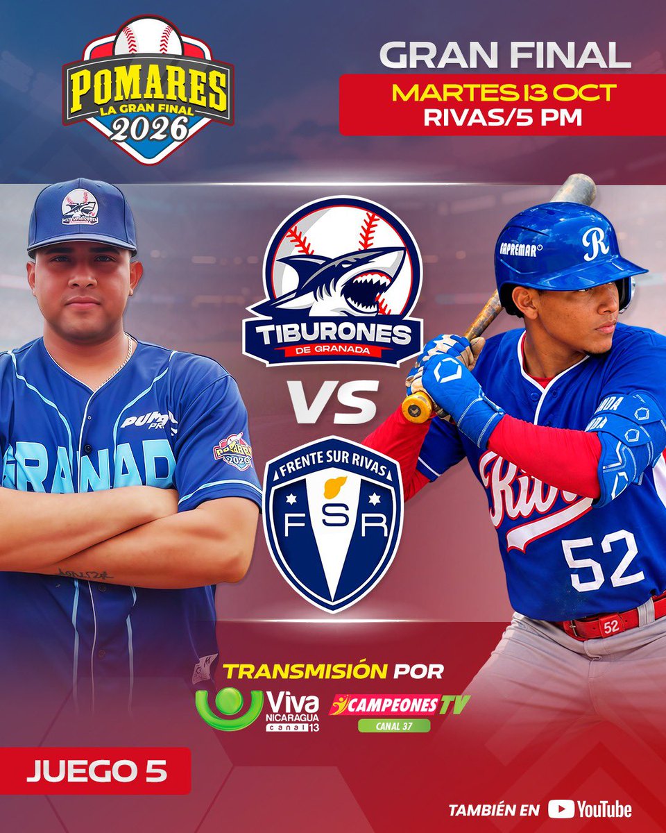 VivaNicaragua13's tweet photo. ⚾🔥 ¡La emoción de la Gran Final se vive en el juego 5!

Granada vs. Frente Sur Rivas, este martes 13 a las 5:00 p. m. 🏆

📺 Viví cada jugada por Viva Nicaragua Canal 13 y Campeones TV Canal 37.

#Pomares2026 #GranFinal #FrenteSurRivas #TiburonesDeGranada https://t.co/dHc8lDD9jn
