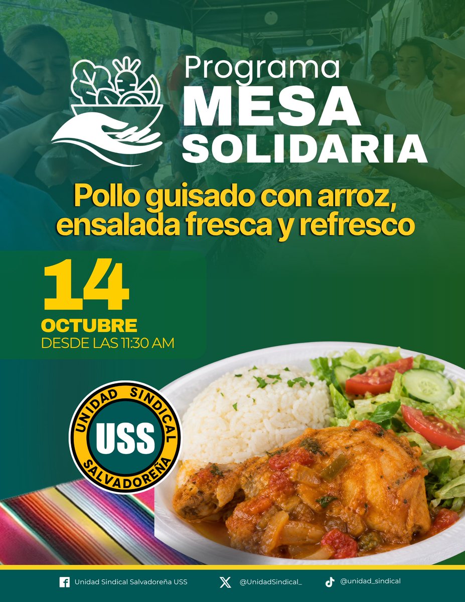 UnidadSindical_'s tweet photo. Este miércoles 14 de octubre, compartiremos una nueva jornada del Programa Mesa Solidaria en cuatro locales sindicales, para trabajadores, sus familias y personas que más lo necesitan.

🍗 Menú: pollo guisado, arroz, ensalada fresca y refresco.

🕦 A partir de las 11:30 a. m.

Seguimos sumando esfuerzos para que la solidaridad se convierta en apoyo concreto para nuestra gente.