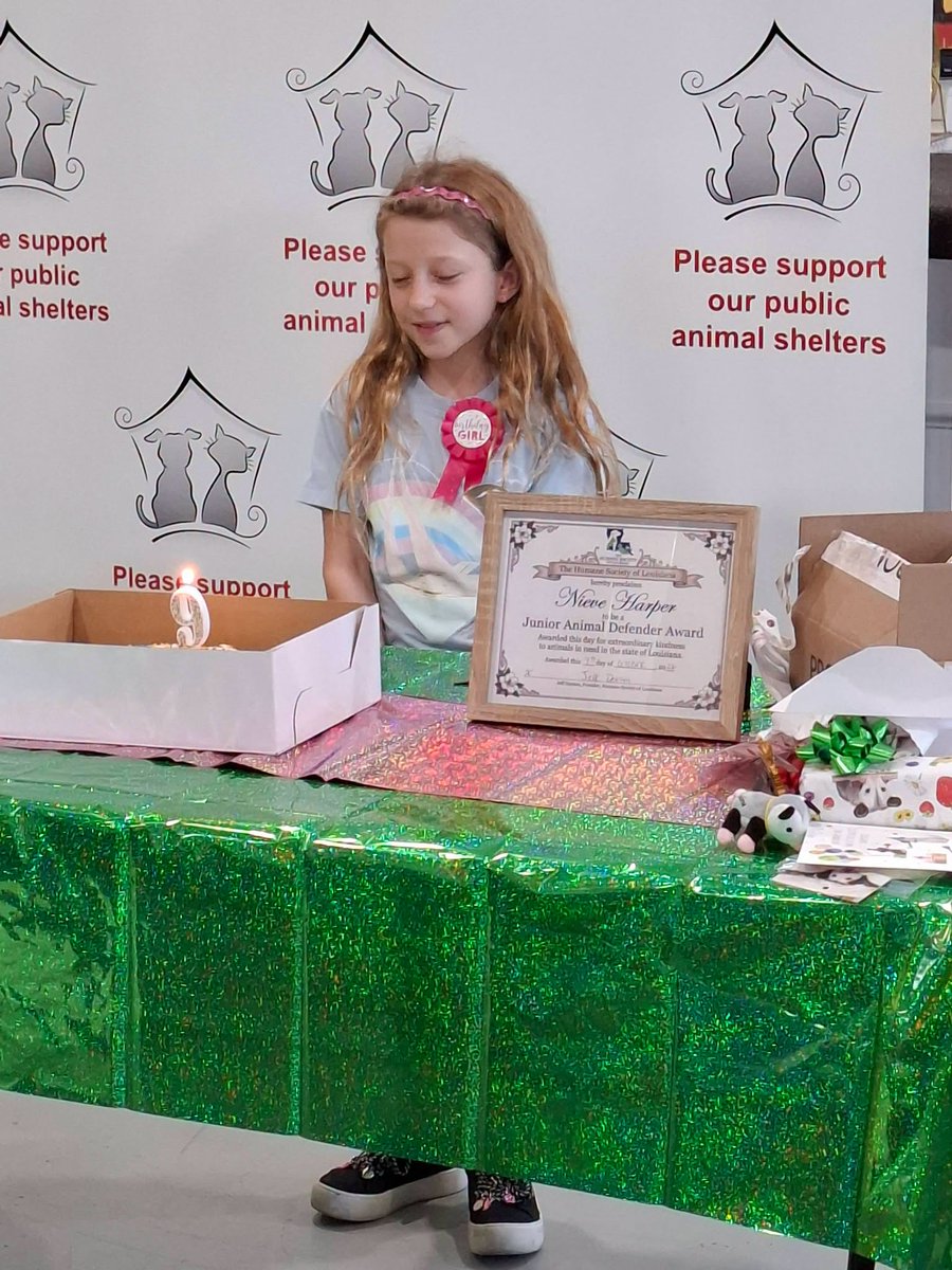 HumaneLA's tweet photo. Last week, we hosted a surprise birthday party for Nieve Harper. In lieu of presents, Nieve asked family and friends to donate to our charity. Nieve's generosity (she's a mere 9-years-old) raised $1140 for our group! To keep Nieve's b-day going, please donate here: Support the Humane Society of Louisiana | HUMANE SOCIETY OF LOUISIANA INC (Powered by Donorbox)
