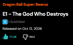 Impact2l's tweet photo. Despite being a remaster/remake of a story we've seen 4 times already, Dragon Ball Super Beerus is performing extremely well, gaining 77k likes for its first episode on Crunchyroll in under 48 hours. For comparison, the first episode of the Elbaph arc in One Piece has 75k likes. https://t.co/n90vsoNlTx
