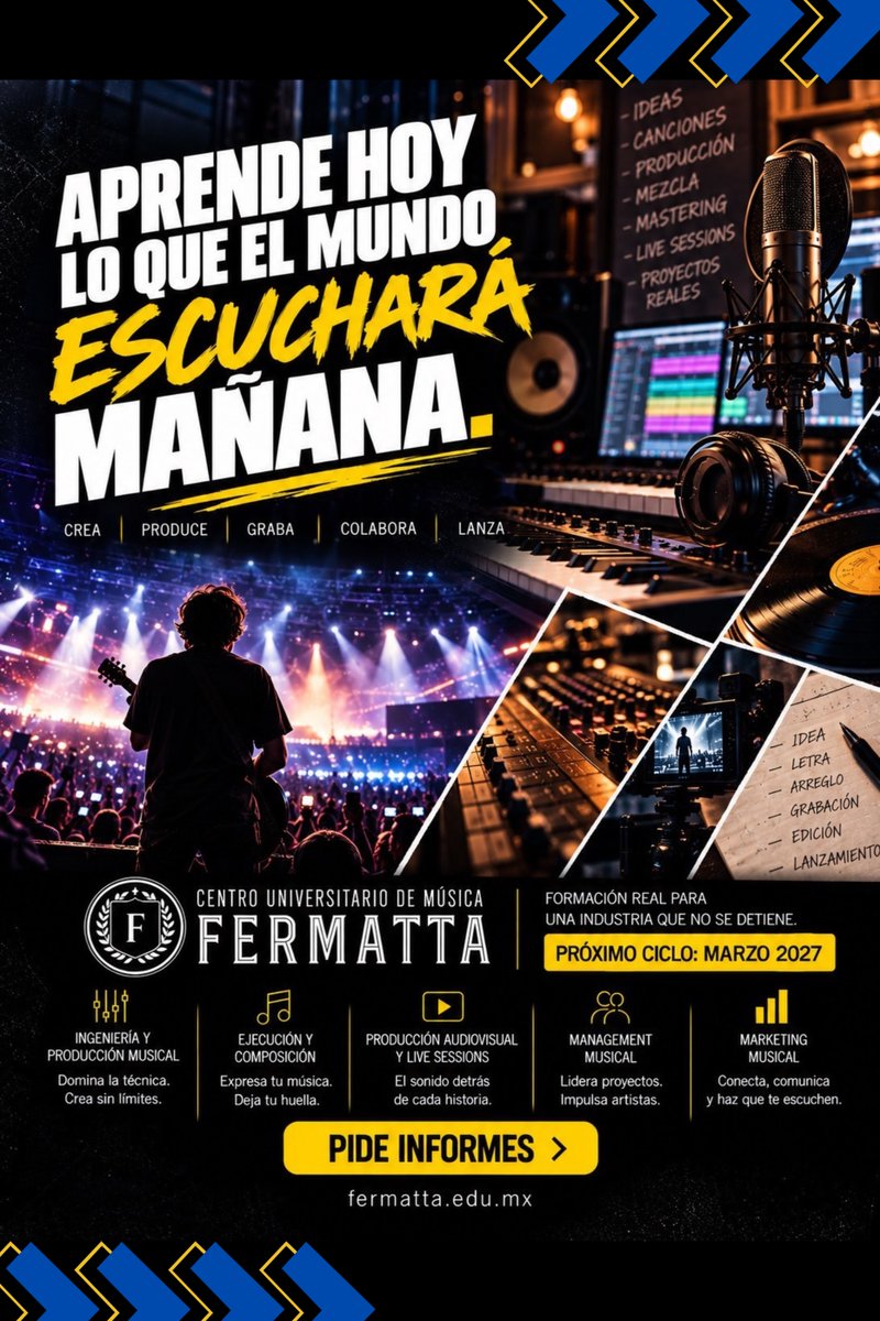 Fermatta's tweet photo. APRENDE HOY LO QUE EL MUNDO ESCUCHARÁ MAÑANA.

No sueñes con vivir de la música… prepárate para hacerlo realidad. 🎧🎸🎤🎬
📅 Próximo ciclo: MARZO 2027

ESTUDIA LO QUE TE APASIONA. CREA LO QUE EL MUNDO ESCUCHARÁ.

📲 Solicita información por WhatsApp:
https://t.co/kR6YsjSI4b
🌐 Más información:
https://t.co/jDBUiNqRsv

Tu futuro no se improvisa. Se construye. Y empieza en Fermatta. 🚀🎶
#Fermatta #GeneracionMundial2026 #NoVeasElMundialProducelo #ProduccionMusical #AudioEnVivo #ProduccionAudiovisual #ManagementMusical #MarketingMusical #IndustriaDelEntretenimiento #UniversidadDeMusica #Septiembre2026 #TuFuturoSuenaAqui #EstudiaEnFermatta #Mundial2026 #MusicaProfesional 🎶⚽🌎