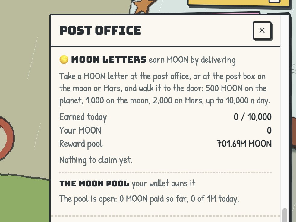 PlayCourierWld's tweet photo. 🌕 MOON letters are live in Courier World

Grab a MOON letter at the post office, walk it to the door, earn $MOON:

📮 Planet: 500
🌙 Moon: 1,000
🔴 Mars: 2,000

Up to 10,000 $MOON a day per courier. Claim it in the Post Office panel.

https://t.co/YzR4fT7EqI https://t.co/NhbVTTqt8o