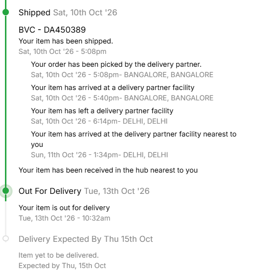 rajesh_vaidin's tweet photo. OD338834241199617100. Same story repeats with @Flipkart &amp; unreliable @BVCLogistics . Again, I will have to cancel order. If u dun want to learn so be it. This time, BVC guy even came to society; I approved his entry on app, but he never visited my house and delivered item. WTH! https://t.co/FUkrNsToFG
