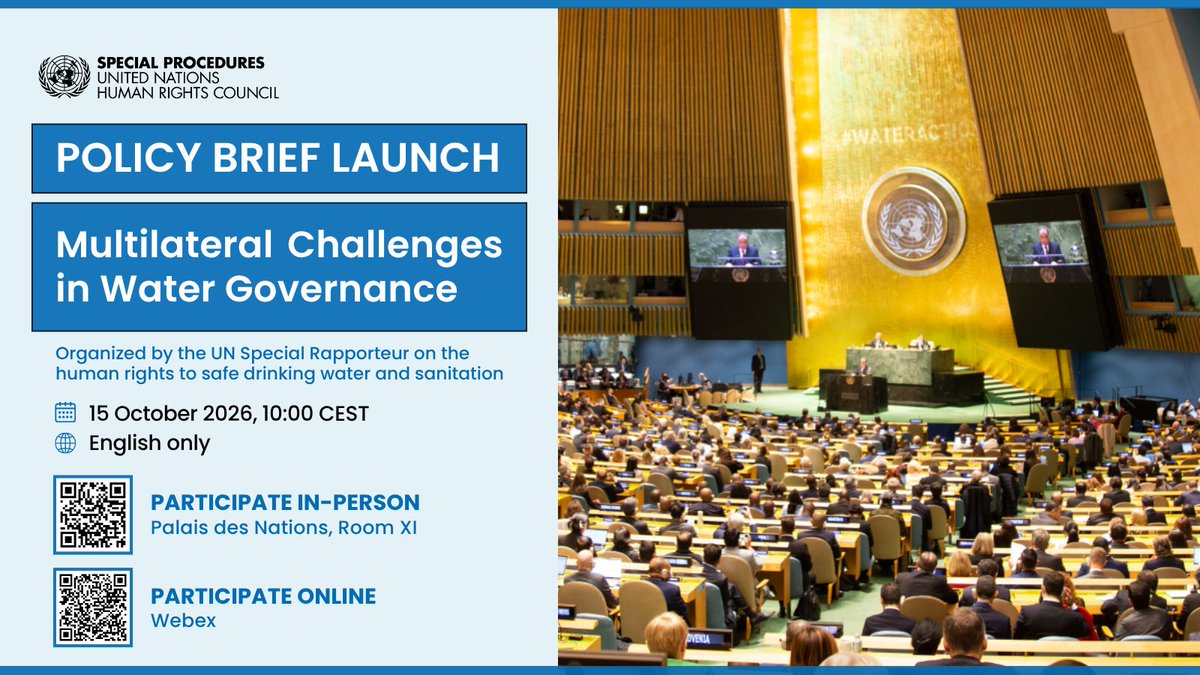 UN_Water's tweet photo. 💧 How can global water governance better protect the human rights to water and sanitation?

Join UN Special Rapporteur Pedro Arrojo-Agudo for the launch of a new Policy Brief.

📅 15 Oct, 10:00 CEST
📍 Geneva &amp; online
https://t.co/qyI5vW64L9 

#SDG6 #WaterAction https://t.co/a0jBmojWSv