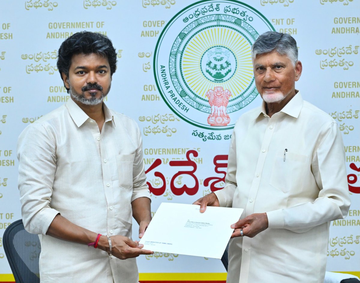 ncbn's tweet photo. It was a pleasure to welcome the Hon’ble Chief Minister of Tamil Nadu, Thiru C. Joseph Vijay garu, in Vijayawada today. We had fruitful discussions on issues of mutual interest, particularly Chennai’s drinking water requirements through the Telugu Ganga Project and the ambitious Godavari–Cauvery river interlinking initiative.

Andhra Pradesh has already released 4.08 TMC of water to Chennai this year. Despite our own water constraints, we remain committed to supporting our neighbouring state, while balancing the needs of our people.

I firmly believe that water should be a source of cooperation, not conflict. With close coordination among states and the support of the Union Government, the Godavari–Cauvery river interlinking project can provide a lasting solution to water scarcity, transform agriculture and bring prosperity to lakhs of farmers across South India.

Together, we can turn shared water resources into shared prosperity.
@CMOTamilnadu