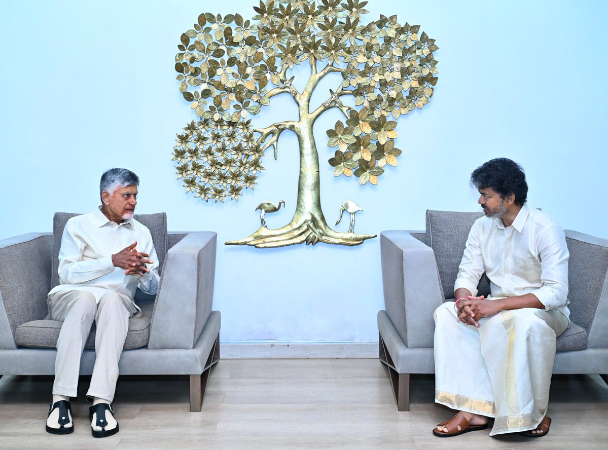 ncbn's tweet photo. It was a pleasure to welcome the Hon’ble Chief Minister of Tamil Nadu, Thiru C. Joseph Vijay garu, in Vijayawada today. We had fruitful discussions on issues of mutual interest, particularly Chennai’s drinking water requirements through the Telugu Ganga Project and the ambitious Godavari–Cauvery river interlinking initiative.

Andhra Pradesh has already released 4.08 TMC of water to Chennai this year. Despite our own water constraints, we remain committed to supporting our neighbouring state, while balancing the needs of our people.

I firmly believe that water should be a source of cooperation, not conflict. With close coordination among states and the support of the Union Government, the Godavari–Cauvery river interlinking project can provide a lasting solution to water scarcity, transform agriculture and bring prosperity to lakhs of farmers across South India.

Together, we can turn shared water resources into shared prosperity.
@CMOTamilnadu