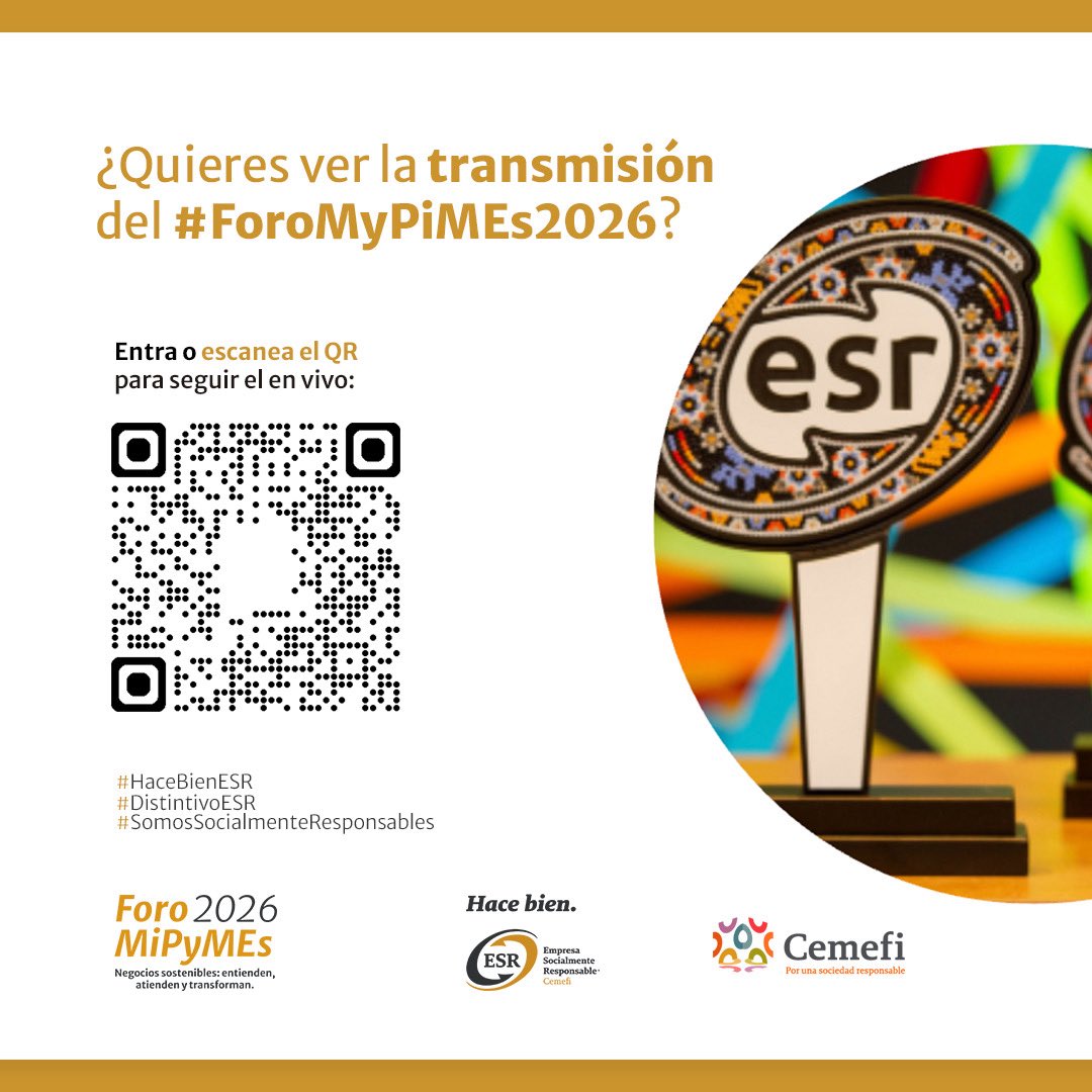 Cemefi's tweet photo. 📣 Sigue la transmisión del #ForoMiPyMEs2026, un espacio donde las empresas que obtuvieron el Distintivo ESR®️ recibirán su reconocimiento y compartirán experiencias y herramientas para integrar la sostenibilidad en el centro de sus negocios.
💻: https://t.co/1EVN1cadje https://t.co/Ttmo463e35
