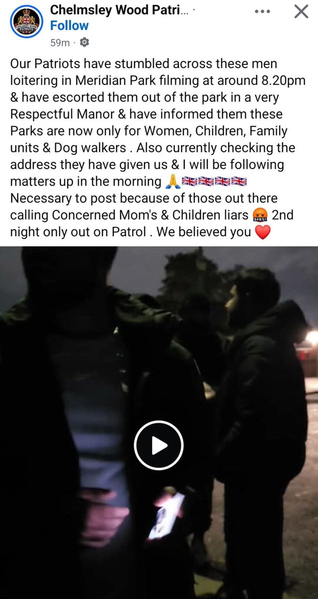 I_amMukhtar's tweet photo. Far-right individuals from Chelmsley Wood are stopping Black and Brown men from walking in parks, claiming that only women, children and dog walkers are allowed. They are also forcing them to hand over ID showing their home addresses. https://t.co/tNLFJJZ6gt