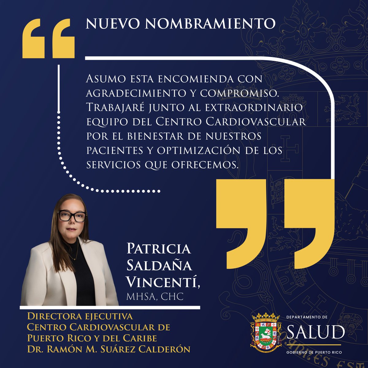 desaludpr's tweet photo. El Centro Cardiovascular de Puerto Rico y del Caribe cuenta con nueva directora ejecutiva: la licenciada Patricia Saldaña Vincenti. Su experiencia en liderazgo hospitalario y administración de servicios de salud será clave para impulsar las prioridades de la... [1/3] https://t.co/JfgXKgSIqc