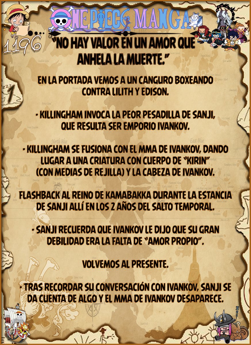 GSPLeaks's tweet photo. ¡BREVE RESUMEN [#SPOILERS] DEL #MANGA DE #ONEPIECE, CAPÍTULO 1196!

- ONE PIECE CAPÍTULO 1196: “NO HAY VALOR EN UN AMOR QUE ANHELA LA MUERTE”.

#ONEPIECE1196 #OP1196 #SANJI #KILLINGHAM #IVANKOV #ELBAPH https://t.co/PBuayT2K2U