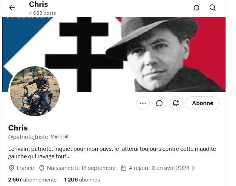 juste_ded's tweet photo. 🇫🇷Bonjour les amis, c'est au tour de Chris de bénéficier d'un petit coup de pouce. Abonnez-vous en masse et aussi, les uns aux autres, parce que l'union est notre seul salut. Merci et bonne journée, les patriotes !
🏍️@patriote_triste💙🤍❤️ https://t.co/pit7y8F2IV