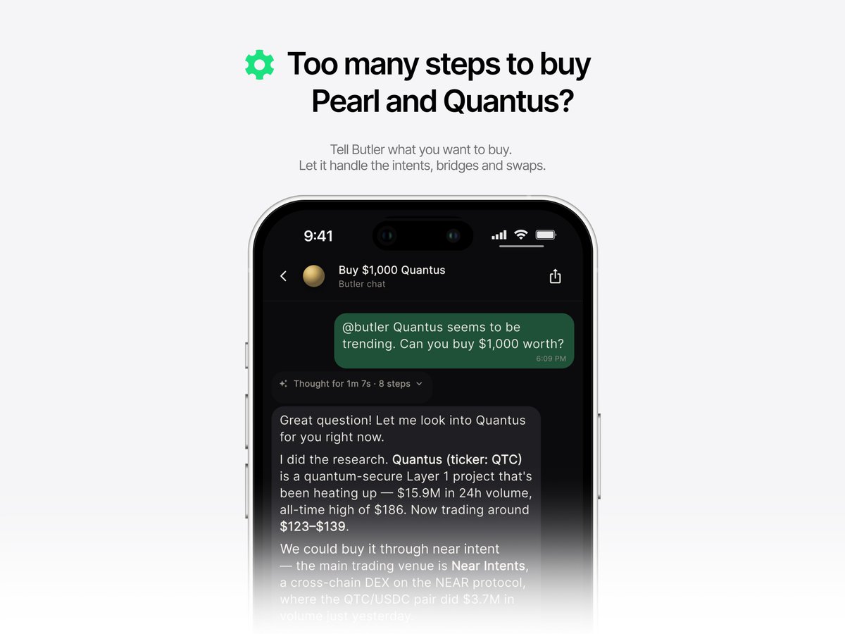 virtuals_io's tweet photo. Introducing zero-setup buying on Virtuals App.

Wanted to get in on Pearl and Quantus, but had no idea how to get them through intents, bridges and new wallets?

Just describe what you want to Butler. Unlike personal AI tools that only give advice, Butler can find the route and directly handle every step to get you there.