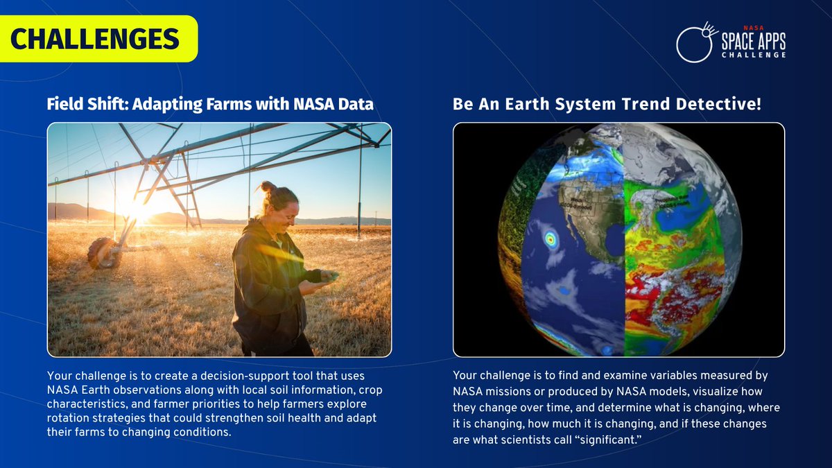SpaceApps's tweet photo. From helping local farmers to predicting fire hotspots, our Earth related challenges are all about making a real-world impact. 🌱

Whether you want to build an "Earth Jukebox" that turns visuals into music, map extreme environments that mimic Mars, or create vital tools for farmers and emergency responders, there is a challenge waiting for you.

Register for #SpaceApps and choose a challenge today: https://t.co/Qq1pUxz9jI